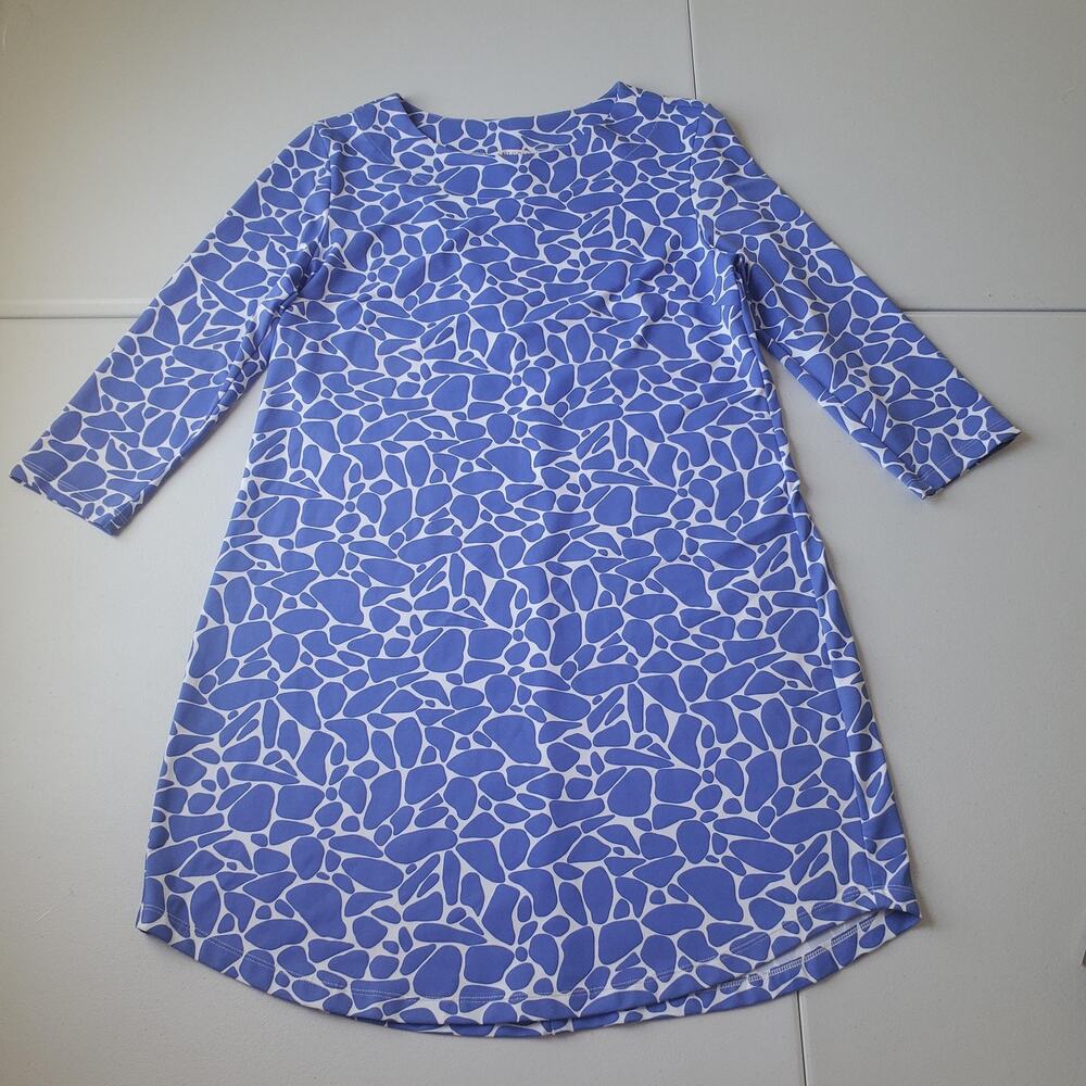 Mahi Gold Dress Womens Large Blue Geometric Jersey 3/4 Sleeve Shift Stretch